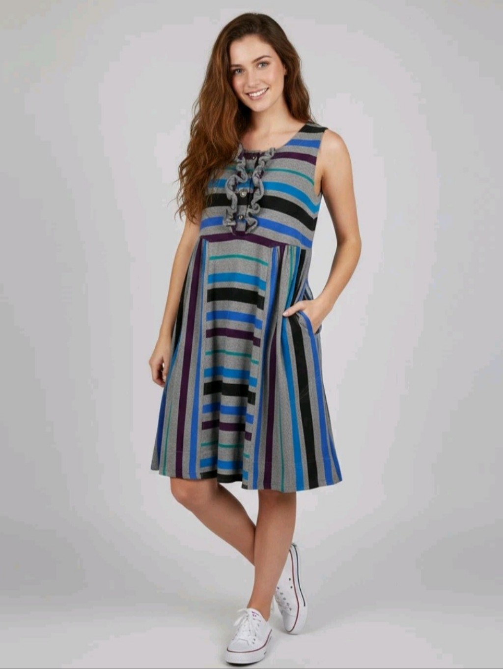 Marc Jacobs Dress, Size L, Midi, 100% Cotton, Gray Multi-Color Stripes